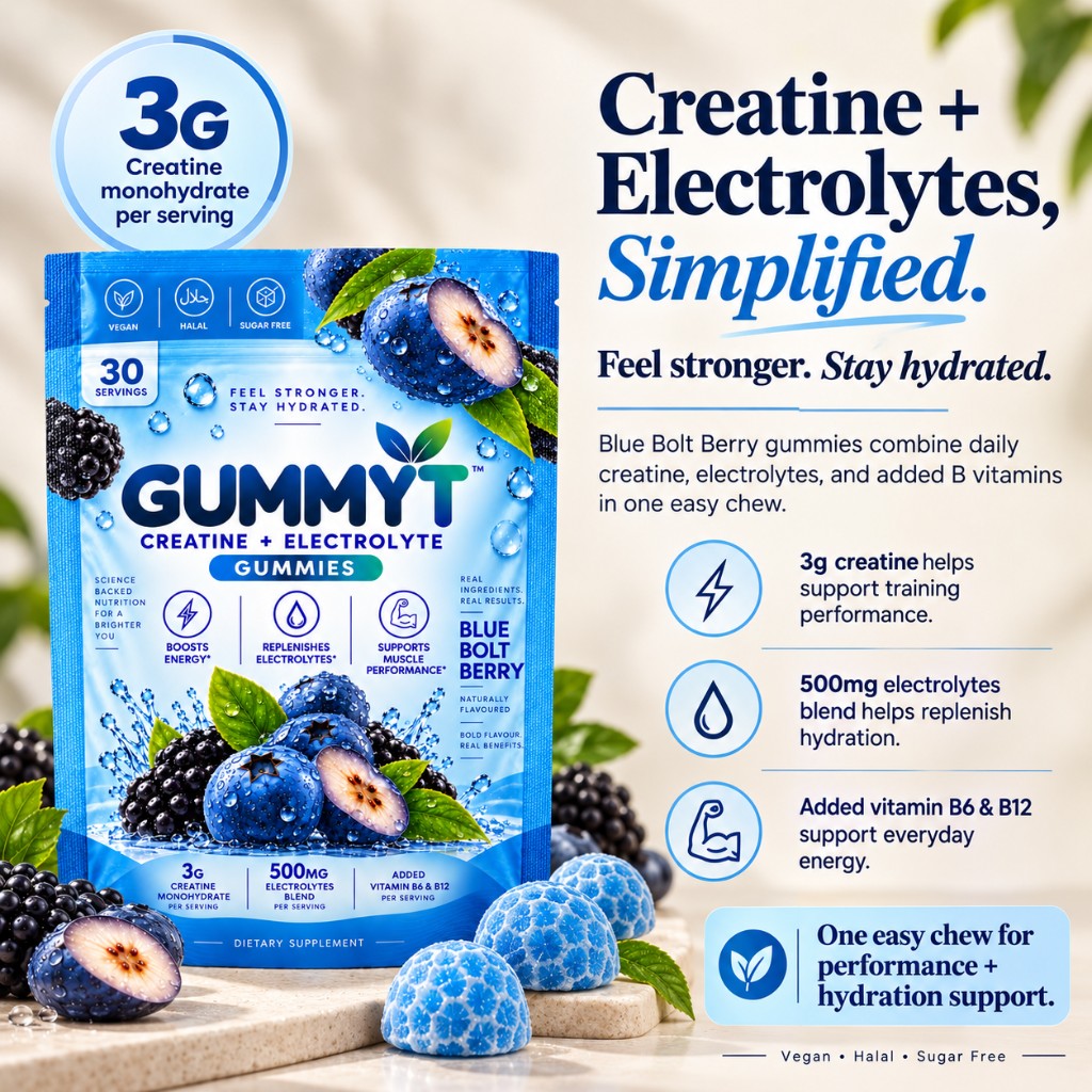 GUMMYT Blue Bolt Berry creatine and electrolyte gummies, 3g creatine monohydrate per serving